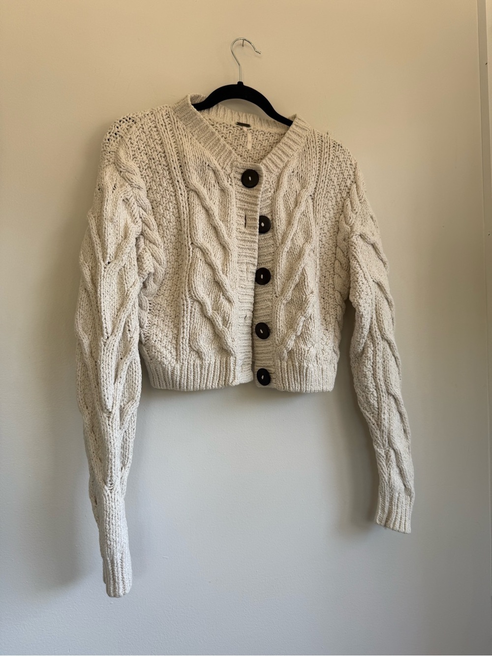 Free People Bonfire Cable Knit Cardi Cream Chunky Cardigan Natural Fiber Cotton - Picture 3 of 11
